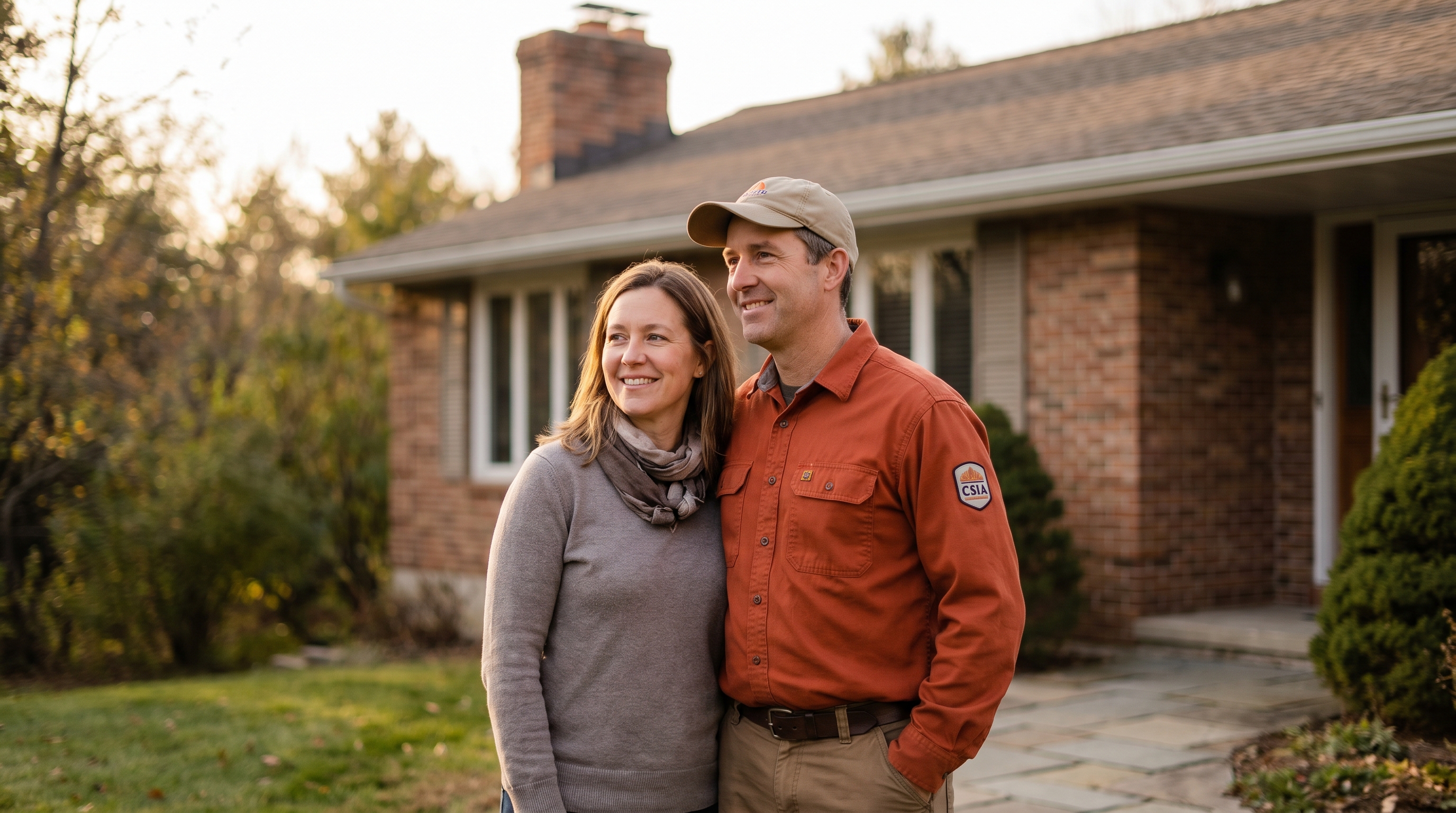 A Clear Path Chimneys CSIA-certified technician reviewing the work with a relieved homeowner
