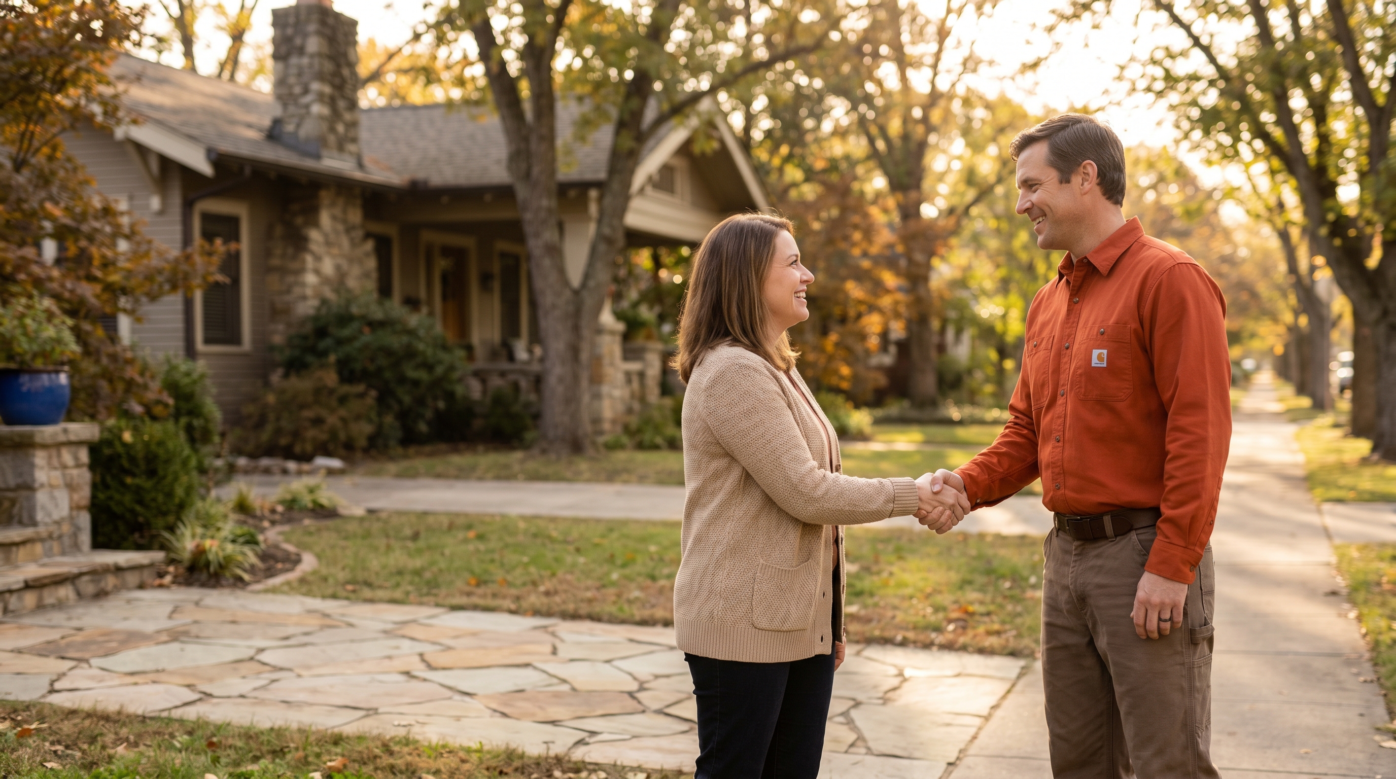 A Clear Path Chimneys CSIA-certified technician reviewing the work with a relieved homeowner