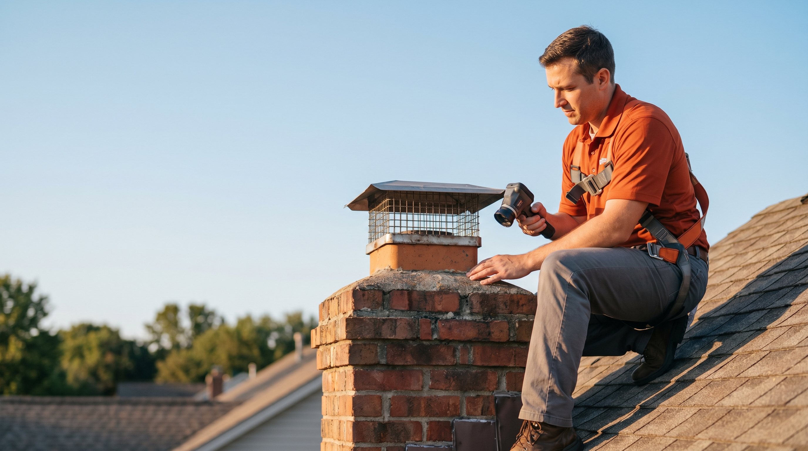 A Clear Path Chimneys CSIA-certified technician reviewing the work with a relieved homeowner